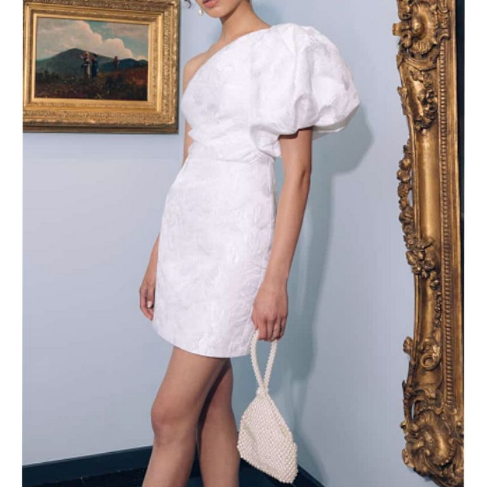 Jenny Yoo White One-Shoulder Puff Sleeve Mini Dress